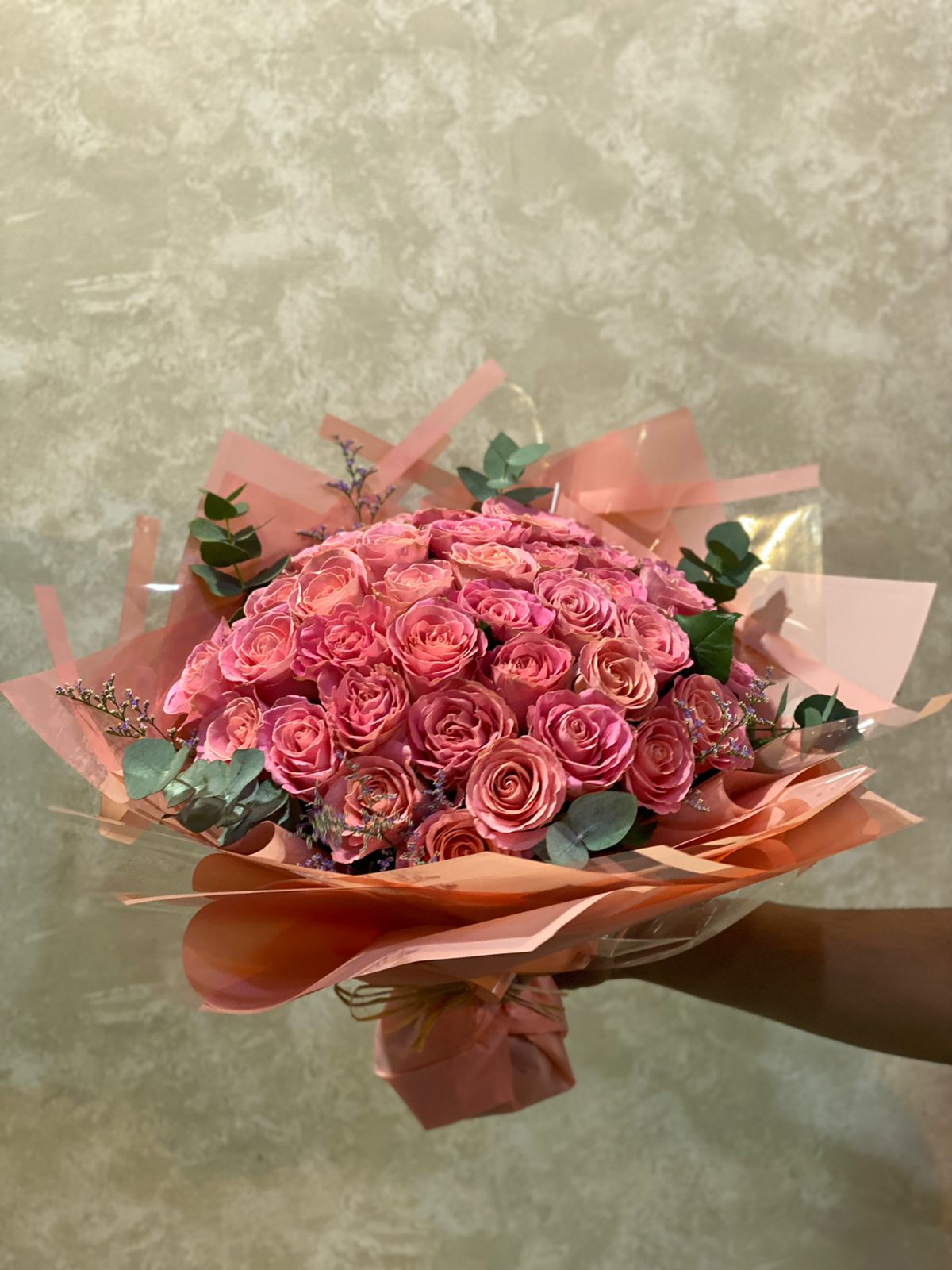 Premium Pink Rose Bouquet - 50 Fresh Pink Roses with Eucalyptus in Elegant Pink Wrapping Dubai