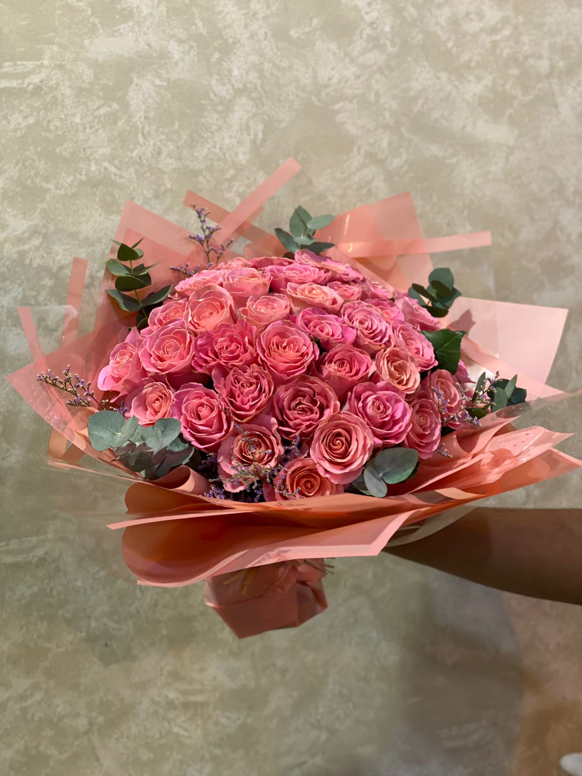 Premium Pink Rose Bouquet - 50 Fresh Pink Roses with Eucalyptus in Elegant Pink Wrapping Dubai