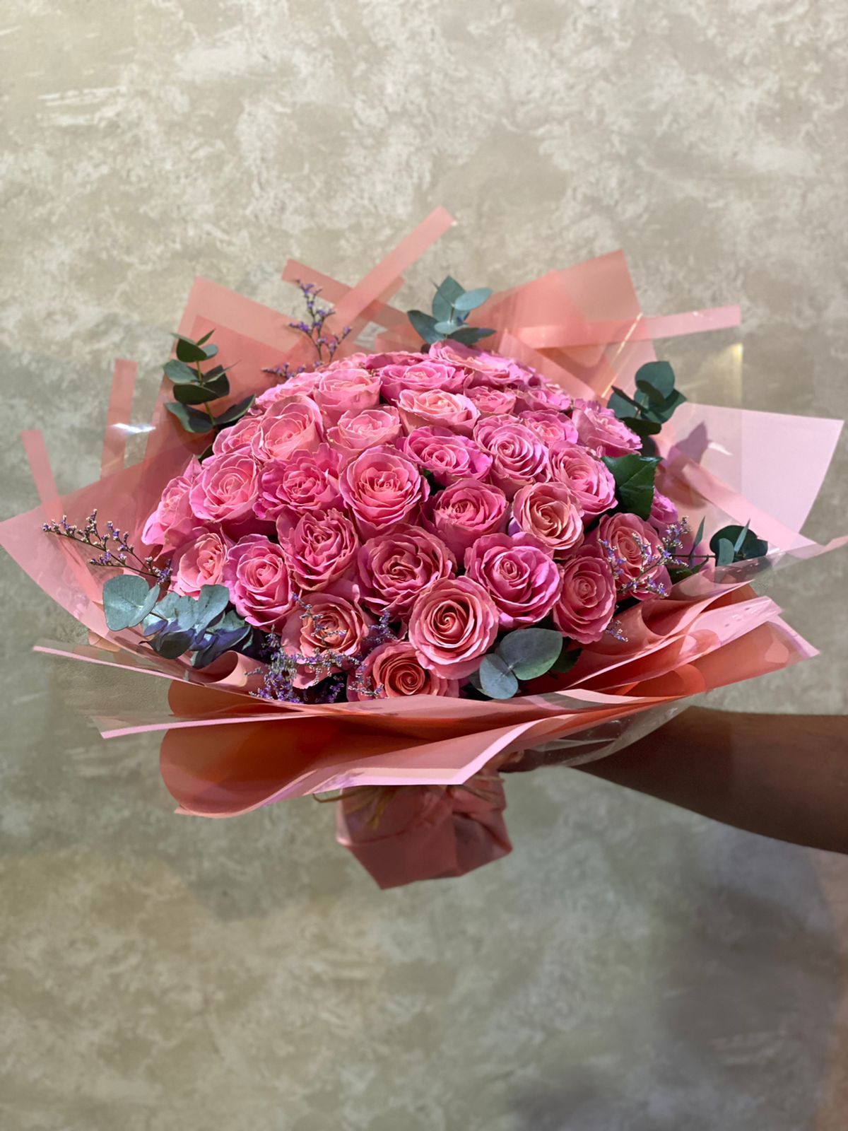 Premium Pink Rose Bouquet - 50 Fresh Pink Roses with Eucalyptus in Elegant Pink Wrapping Dubai