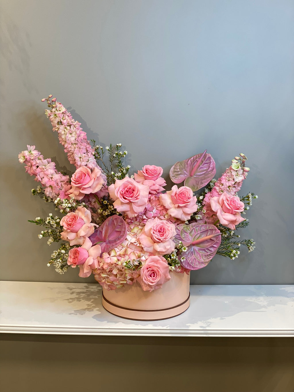 Luxury Pink Rose Bouquet with Larkspur & Anthurium - Premium Flower Delivery UAE