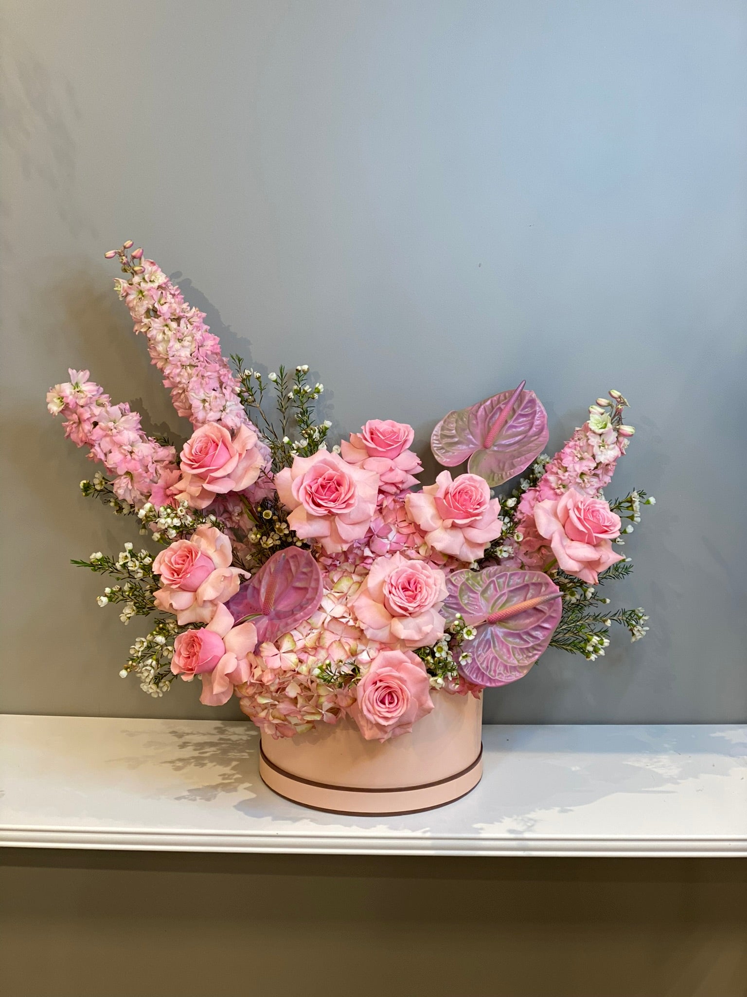 Luxury Pink Rose Bouquet with Larkspur & Anthurium - Premium Flower Delivery UAE