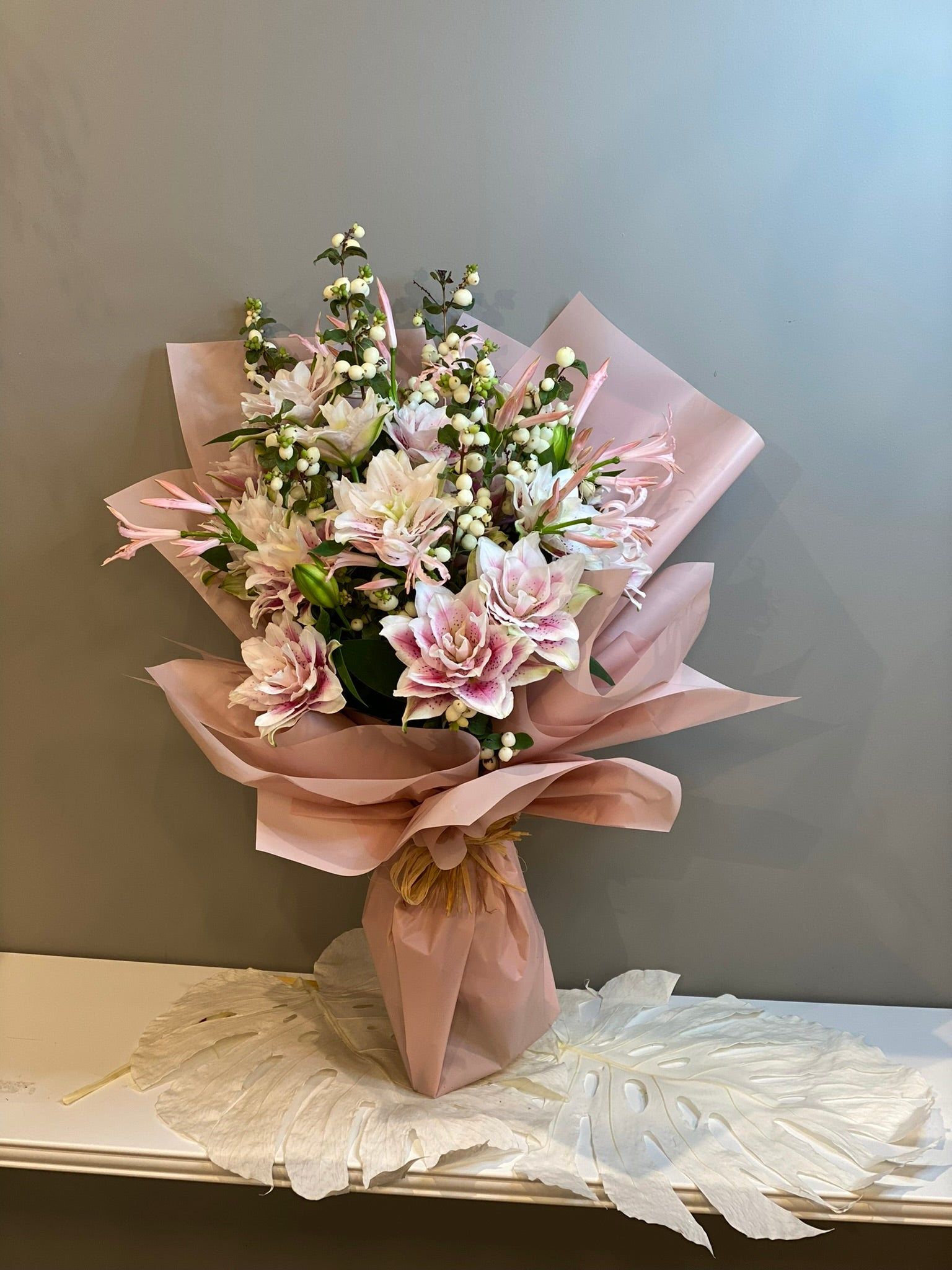 Premium Pink Lily & Baby's Breath Bouquet - Elegant Fresh Flower Arrangement
