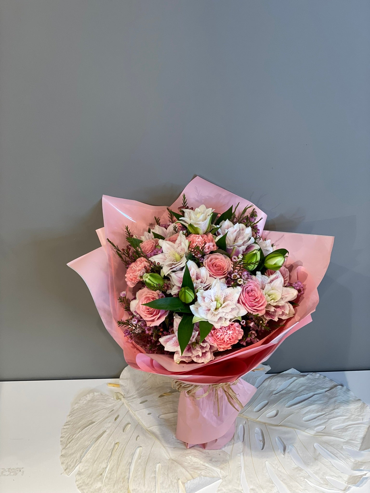 Premium Pink & White Mixed Bouquet - Roses, Alstroemeria & Carnations in Elegant Pink Wrapping Dubai