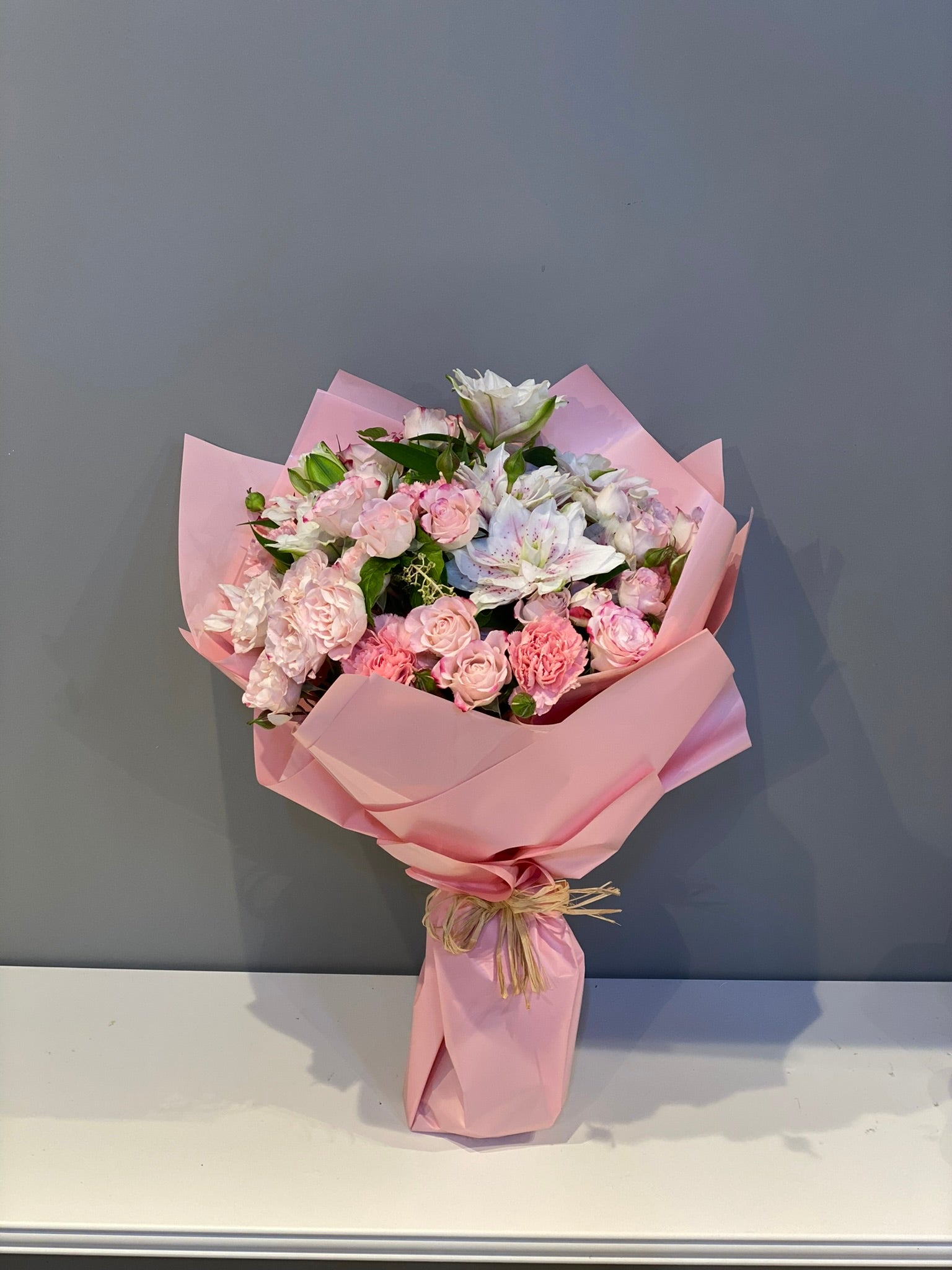 Luxury Pink Lily & Rose Bouquet - White Oriental Lilies, Pink Spray Roses & Carnations Dubai