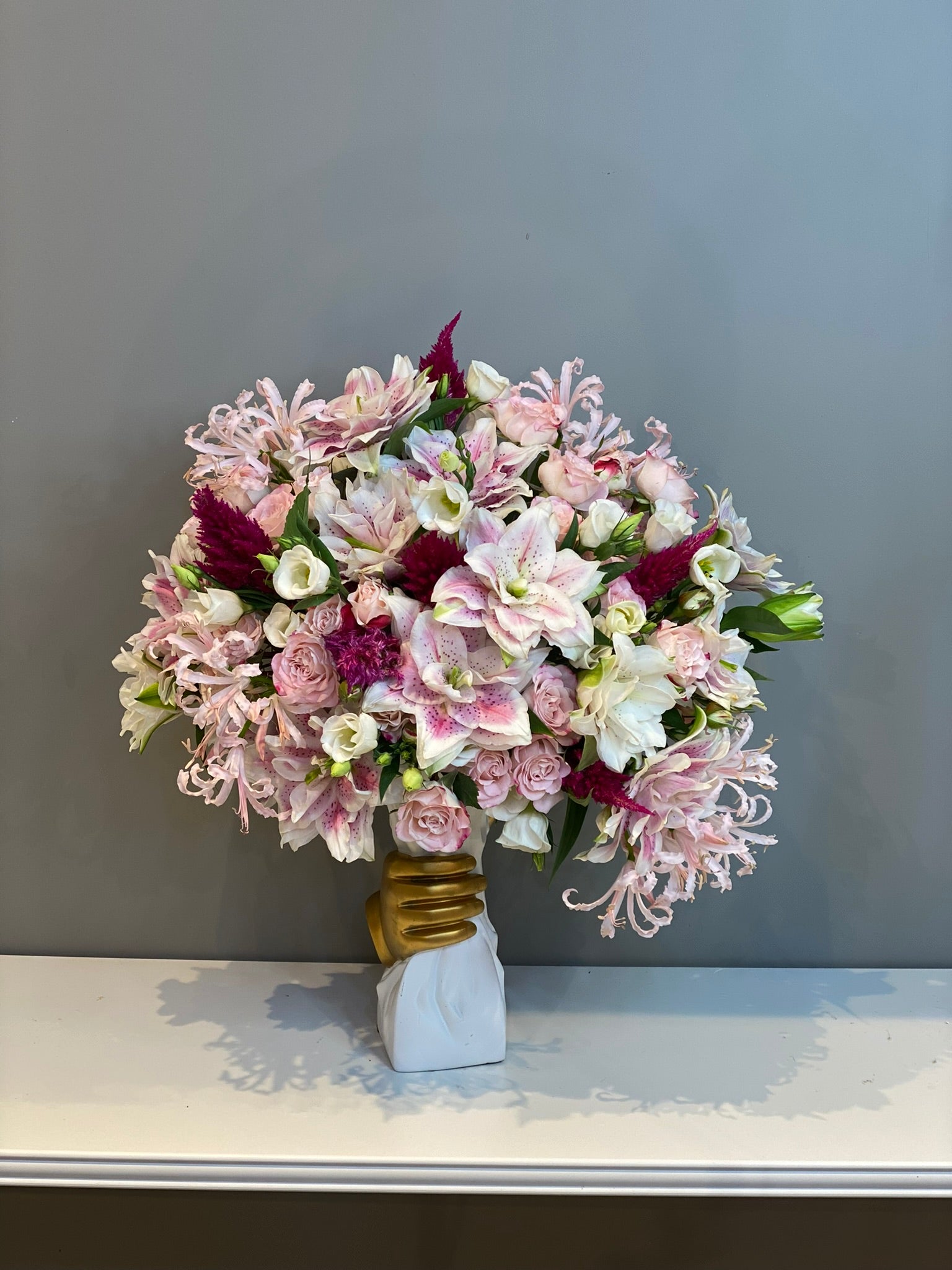 Luxury Mixed Lily & Rose Arrangement - Pink Oriental Lilies, Roses & Chrysanthemums in Elegant Vase Dubai