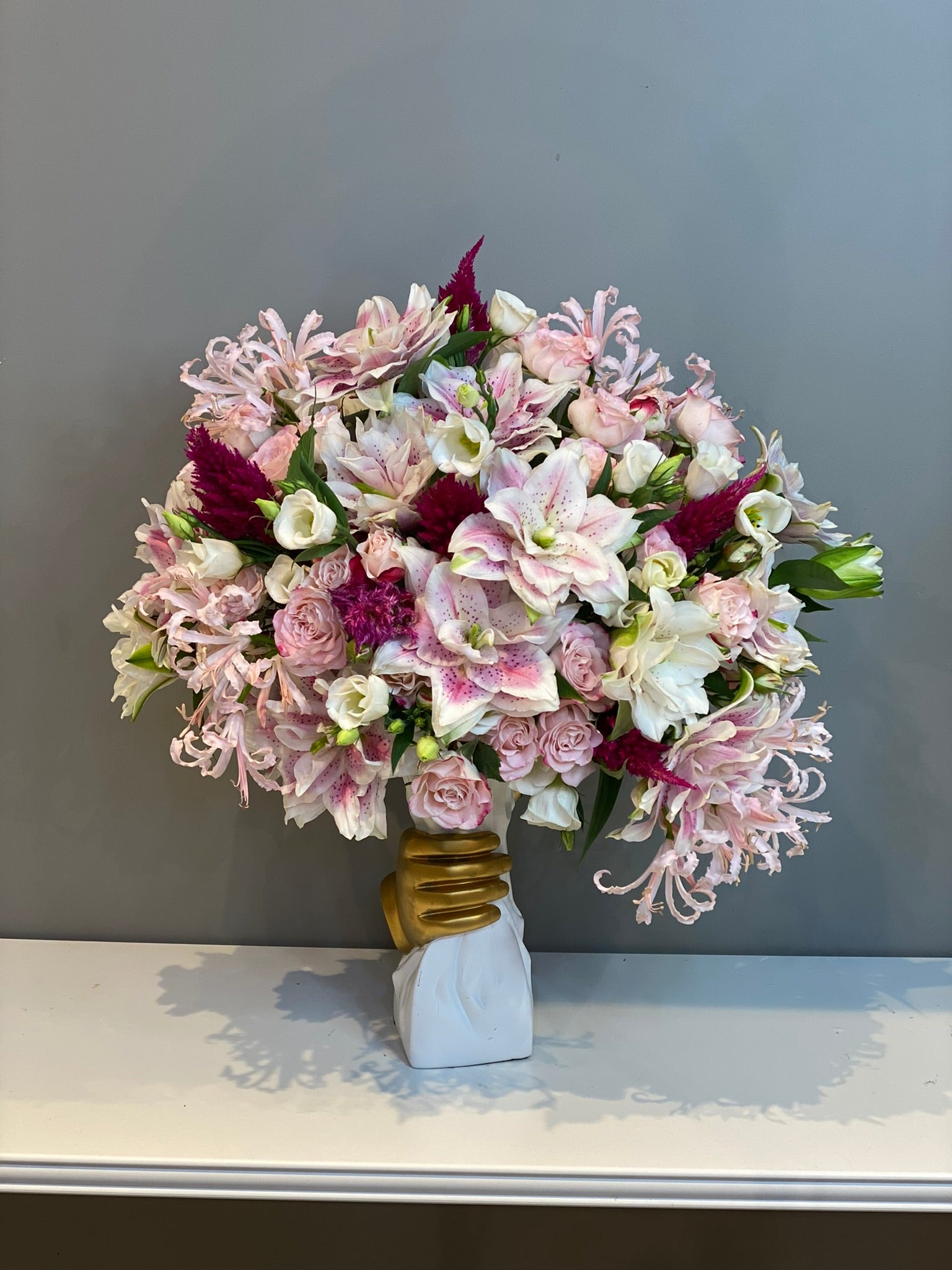 Luxury Mixed Lily & Rose Arrangement - Pink Oriental Lilies, Roses & Chrysanthemums in Elegant Vase Dubai