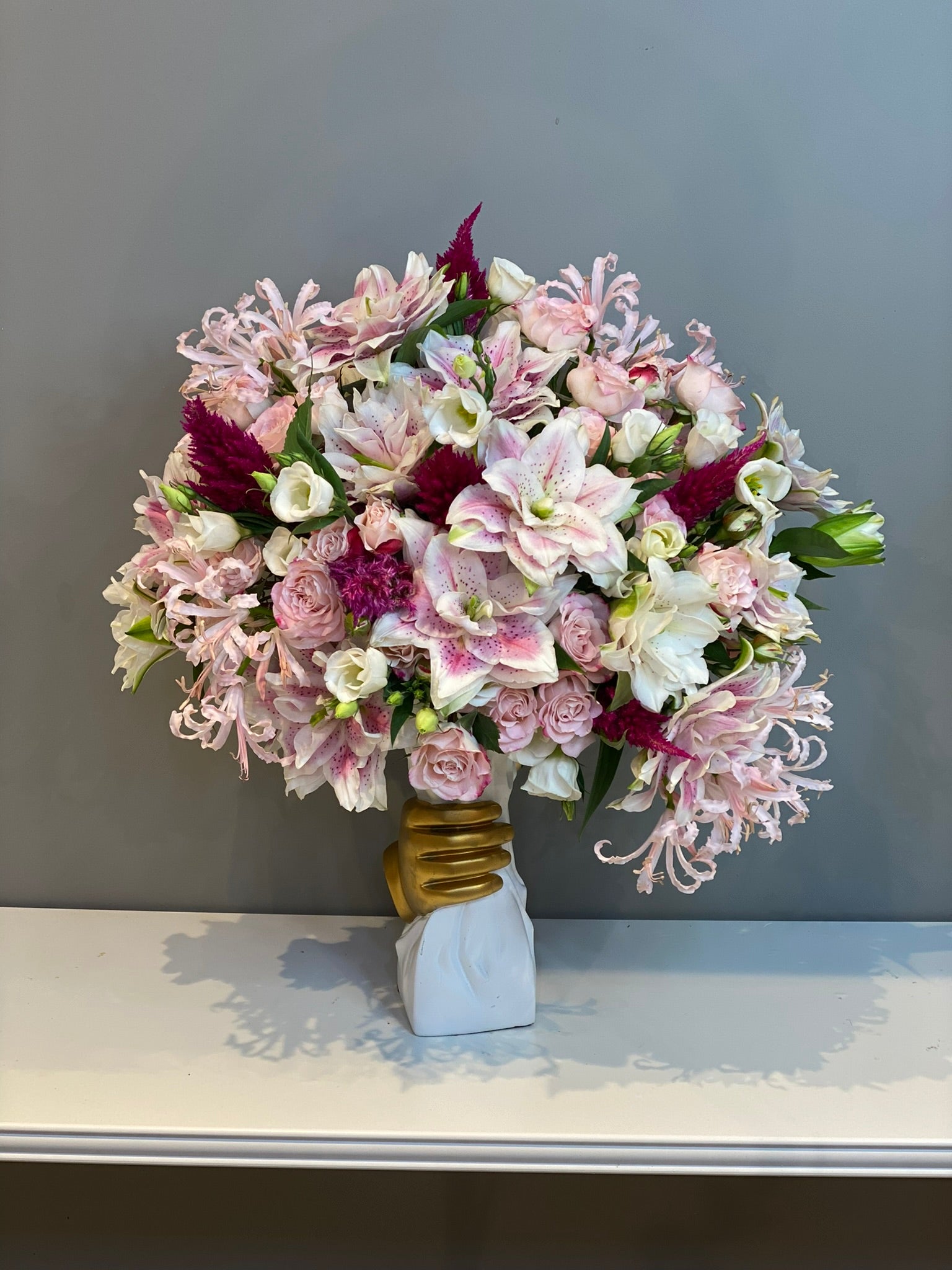 Luxury Mixed Lily & Rose Arrangement - Pink Oriental Lilies, Roses & Chrysanthemums in Elegant Vase Dubai