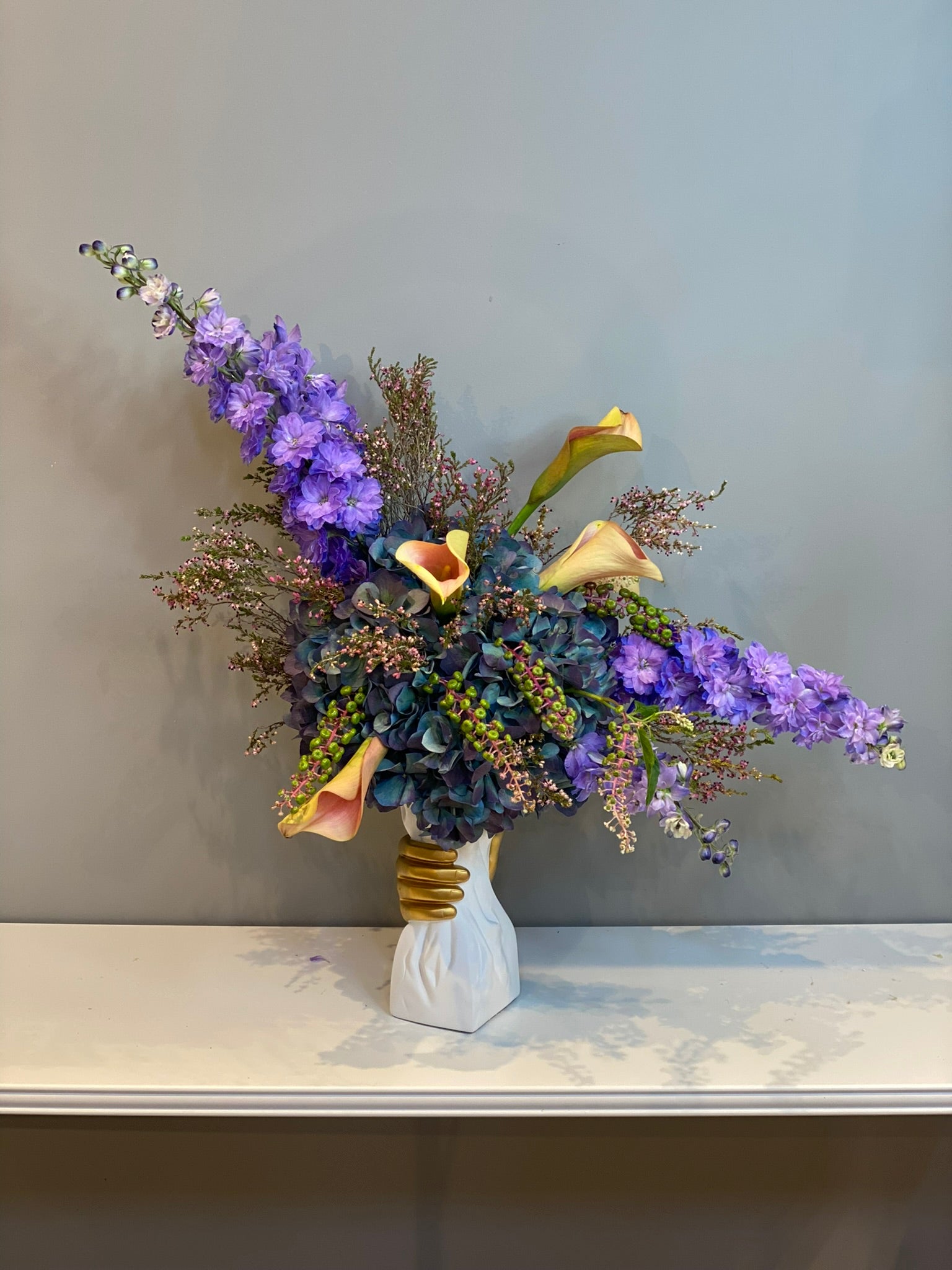 Artistic Purple & Orange Flower Arrangement - Delphinium, Calla Lilies & Hydrangeas in Designer Vase Dubai