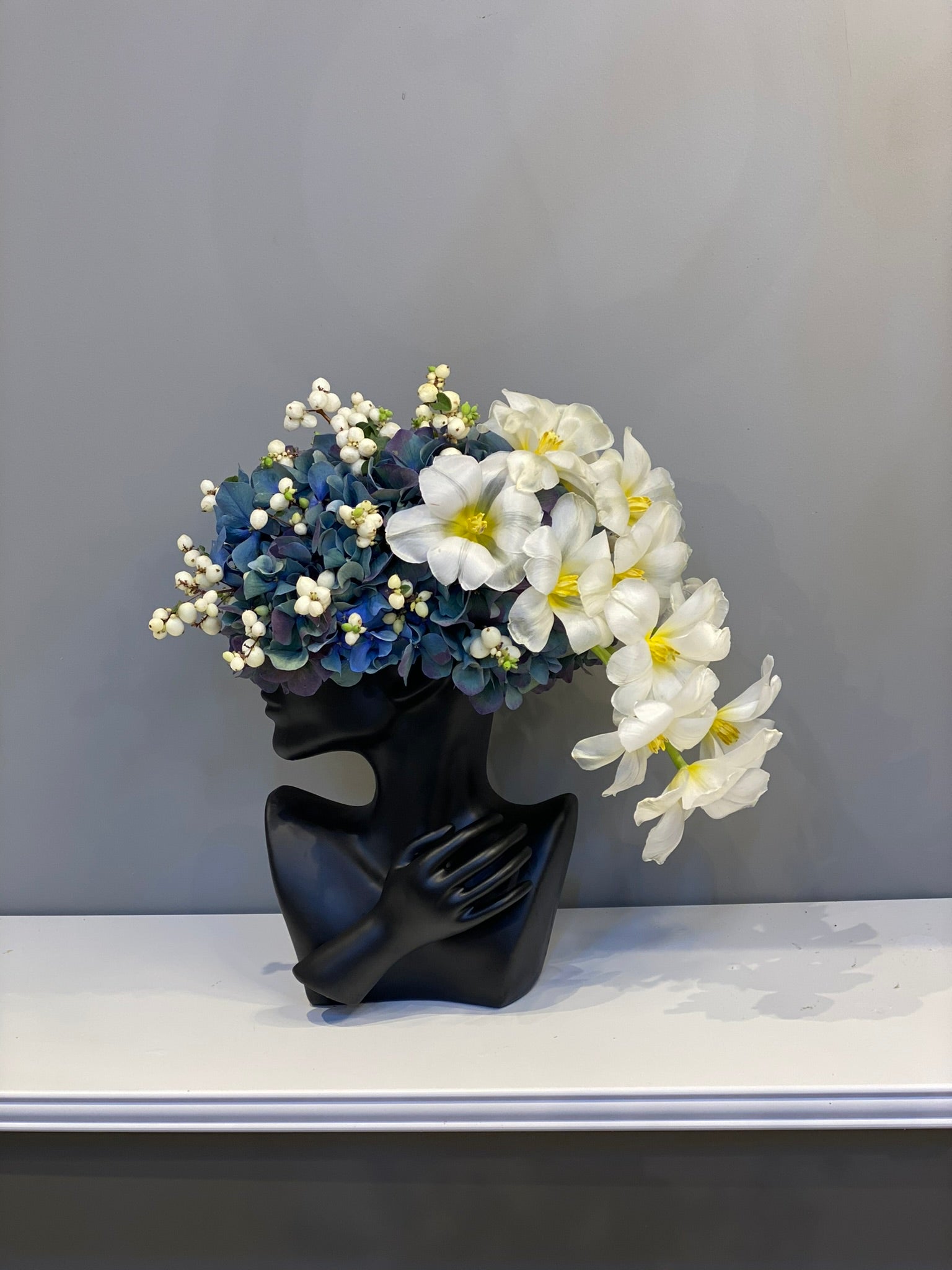 Artistic Blue Hydrangea & White Cosmos Arrangement - Modern Designer Vase with Hypericum Berries Dubai