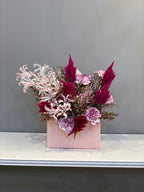 Elegant Pink & Burgundy Mixed Arrangement - Nerine Lilies, Celosia & Carnations in Pink Box Dubai
