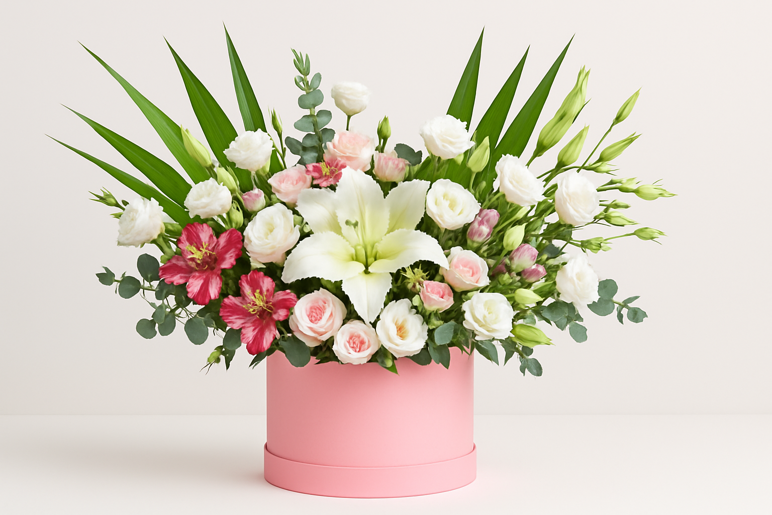 Premium Pink Luxury Flower Box - White Lilies & Pink Roses Arrangement